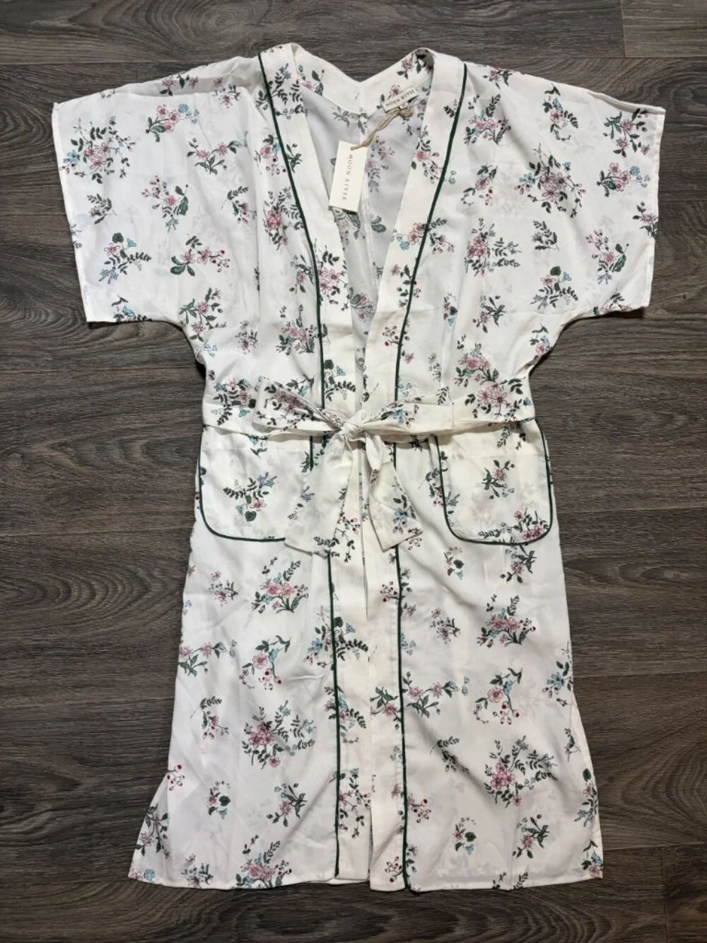NEW Moon River Floral Kimono Robe Belt XS White Pink Green Cottagecore Boho